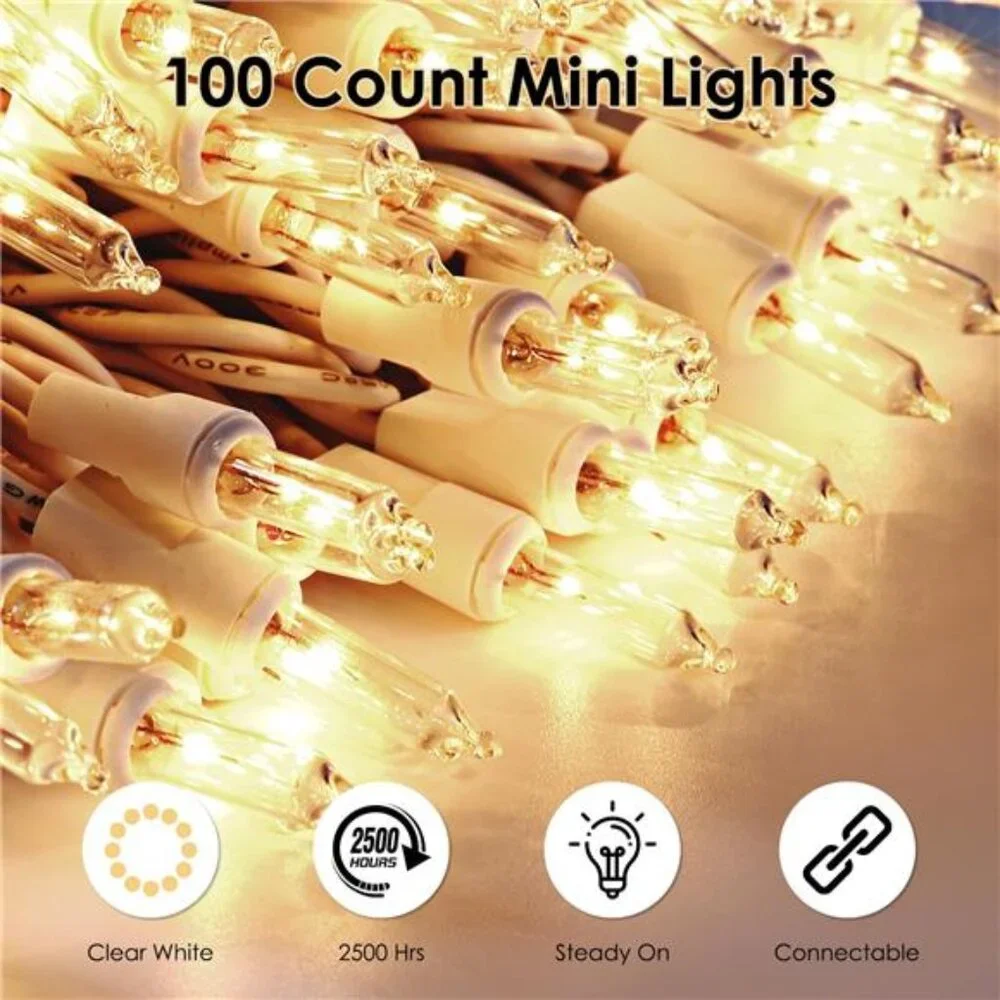 Christmas String Lights 100 Count Warm White Clear Wire Indoor Outdoor Decor